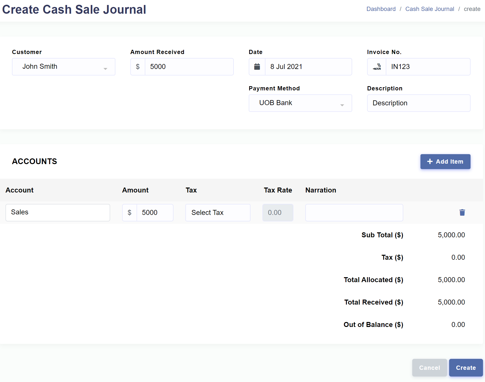 Income > Cash Sale Journal > Create Cash Sale Journal